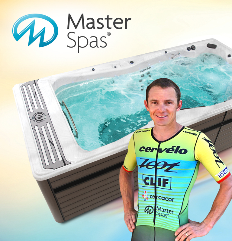 Ben Hoffman, IRONMAN® champion, with an h2x swim spa by master spas